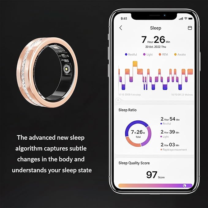 Diamond Smart Ring for Women, Fitness & Vital Signs Monitoring, Sleep Tracker, Remote Photography, No Subscription, Ladies Gift, iOS & Android(Gold,10#)