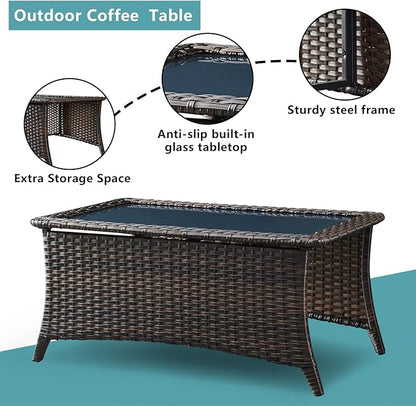 HUMMUH 4 Pieces Outdoor Furniture Patio Furniture Set Wicker Outdoor Sectional Sofa with Swivel Rocking Chairs,Outdoor Coffee Table,Brown/Blue