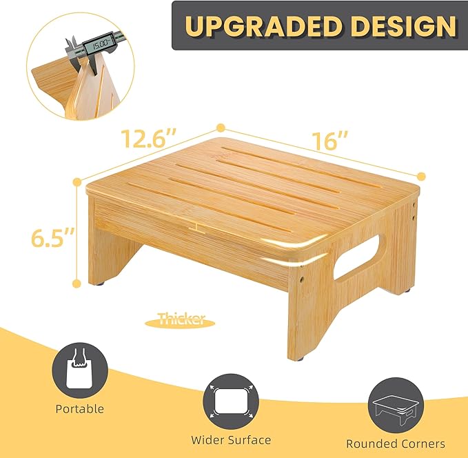 Wooden Step Stool for Adults & Kids, Non-Slip Rubber Feet, 6.5 Inch High, Lightweight Small Step, 400 Lbs Capacity, Bed Step Stool for High Bed, Bathroom & Kitchen, Bamboo