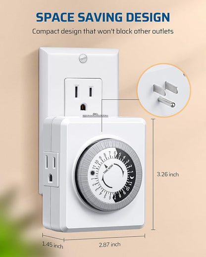 DEWENWILS24 Hour Cycle Plug-in Mechanical Timer, Indoor Timer for Electrical Outlets, 30-Minute Intervals, Dual 3 Prong Outlets, 125V 15A for Room Lights, Lamps, ETL Listed, 1 Pack