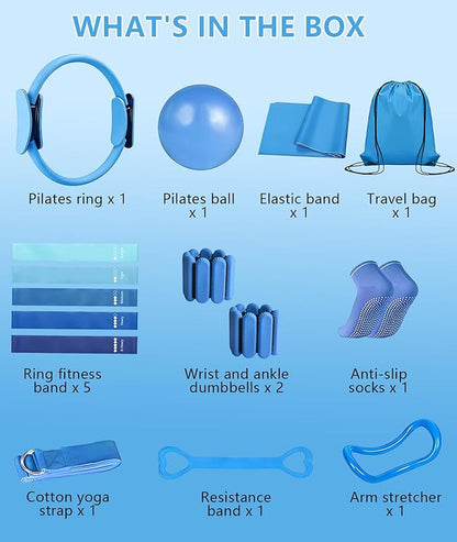 Pilates Ring Set with Adjustable Resistance - Full Body Workout Kit for Women, Portable Travel Bag & Anti-Slip Accessories