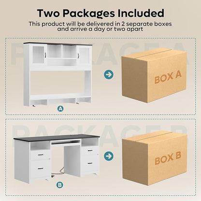 Bestier 77.8" H Executive Desk with Hutch, Modern Wood Computer Desk with Drawers, Charging Station, LED Light, Fluted Storage Cabinet, Keyboard Tray, 59" W Office Desk for Home Office, White