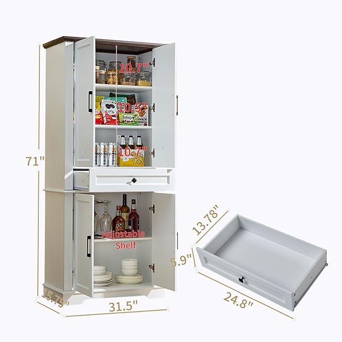 71" White Tall Pantry Cabinet with Drawer and Adjustable Shelves, Modern Storage Cabinet with Doors, Kitchen Buffet Cabinet, Food Pantry Storage Cabinet, Coffee Bar, Living Room and Dining Room