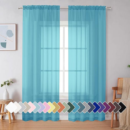 Simplebrand Turquoise Sheer Curtains 84 Inches Long 2 Panels, Light Filtering Rod Pocket Solid Color Window Sheer Curtain Panels, Elegant Curtains & Drapes for Bedroom (Turquoise, 42" W x 84" L)