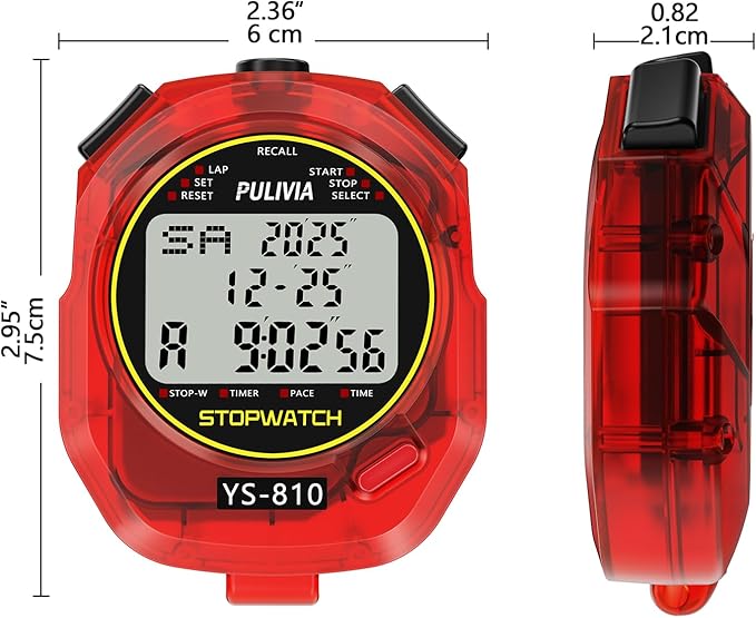 Stopwatch Timer 10 Splits/Laps Digital Stop Watch for Sports, Countdown Alarm Clock Date Memory Recall Large Display, Stopwatch for Coaches PE-Teacher Referee (red, 10 Splits/laps)