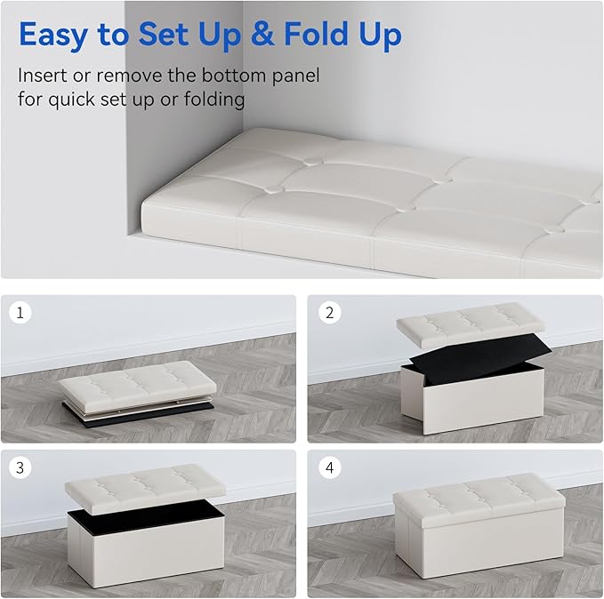 BRIAN & DANY 30 Inches Storage Ottoman Bench, Faux Leather Ottoman with Storage, Folding Bench Shoe, Foot Rest Stool, for Living Room, White