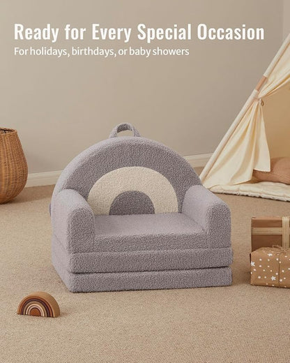 Blissful Diary Foldable Toddler Couch, 2-in-1 Comfy Toddler Chair & Lounger for Reading, Nap, Playroom, Kids Couch Sofa for 1 2 3+ Year Old Girls Boys Birthday Gift, Light Gray Arclet