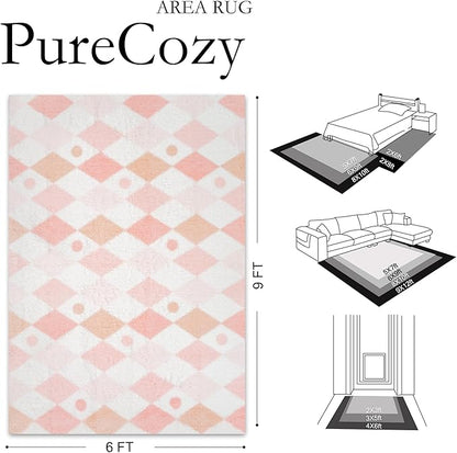 PureCozy Checkered Rug 6x9 Fluffy Shag Living Room Pink Area Rug Modern