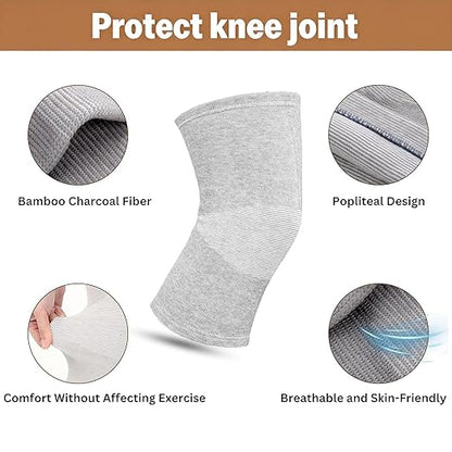 Premium Bamboo Knee Compression Sleeve, 2 Pair Slip-One Knee Support, Elastic Warm Knee Brace for Knee Pain, Joint Recovery, Sports, Daily Wear for Adults(Black+Gray, Large)