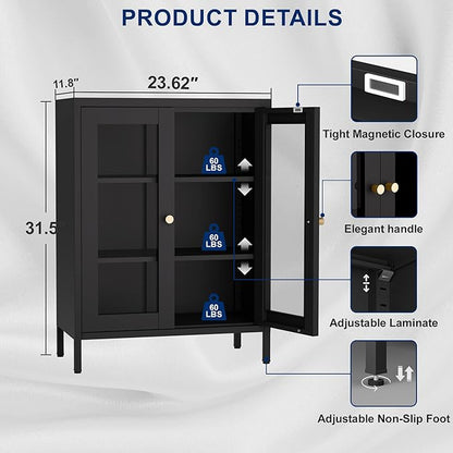 Metal Bathroom Storage Cabinet, Black Sideboard Cabinet with Glass Doors and Adjustable Shelves, Small Metal Cabinets for Kitchen, Living Room, Entryway,Office