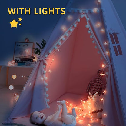 Teepee Tent for Kids with Mat, Star Lights, Carry Case, Cotton Canvas Playhouse, Foldable Tents, Portable Children Play Tent Indoor Outdoor (Pink)