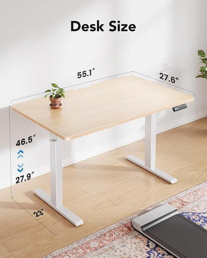 HUANUO 55" x 28" Electric Standing Desk Adjustable Height, 4 Memory Height Settings, Headphone Hook, Cable Manager, Sit Stand Up Desk for Home Office & Computer Workstation, Nature