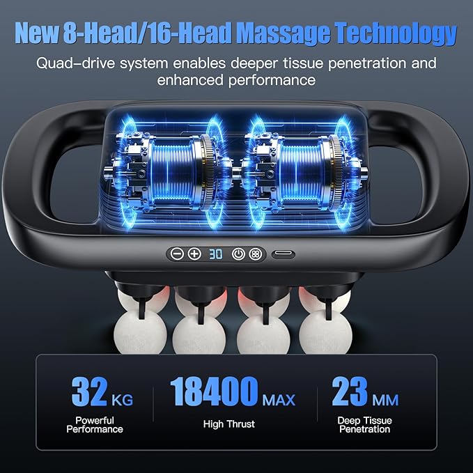 16 Head Massage Gun Set, Deep Tissue Percussion Massager with 3 Modes & 30 Levels, Muscle Massager Pain Relief, Percussion Massage Gun