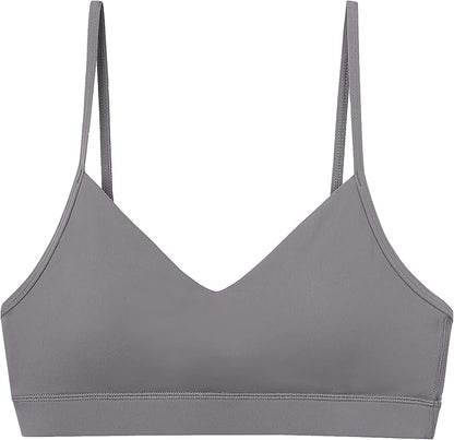 Oalka V Neck Sports Bra for Women Adjustable Padded Thin Straps Wireless Yoga Bras