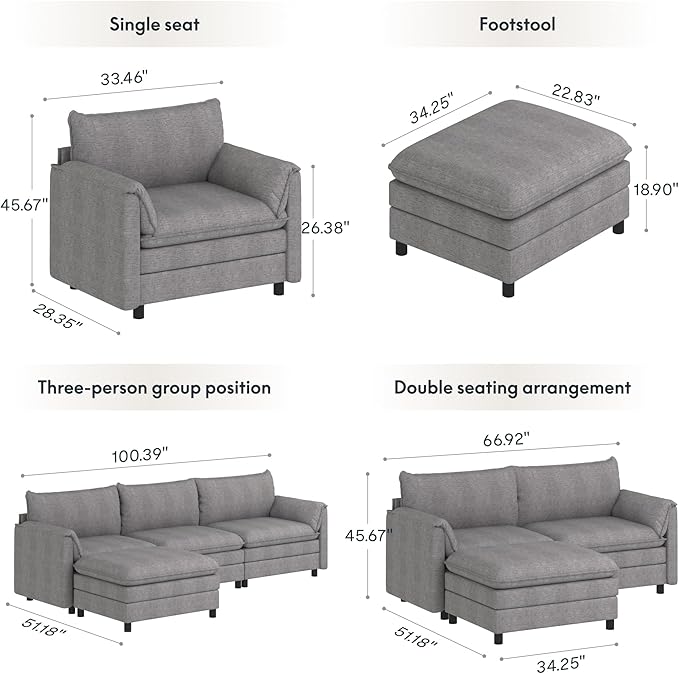 FLEXISPOT SF6 Cloud Sectional Couch for Living Room with Reversible Ottoman, 100.4" L-Shaped Modular Sectional Sofa with Storage, 3-Seater Comfy Sofa Couch for Apartment, Chenille Gray