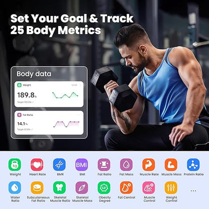 Smart Scale with Large Color Display, Digital Bathroom Scale for Body Weight BMI Muscle Mass, 25 Composition, Body Fat Scale with Heart Rate, 11.8" Large Platform, 400 lbs (Black)