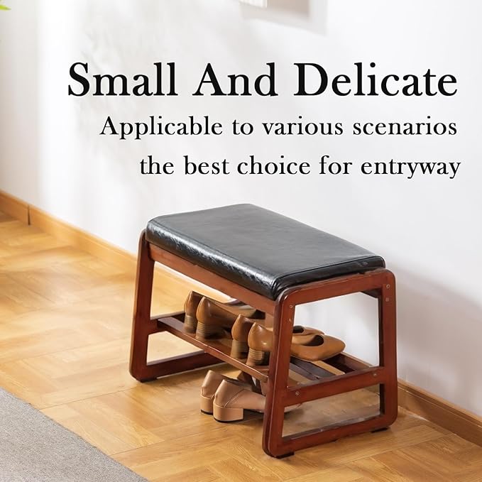 latifolia Solid Wood Bench, Entryway Shoe Bench with Cushion, 2 Tier Shoe Storage Organizer for Hallway, Living Room(Black,21.65''L)