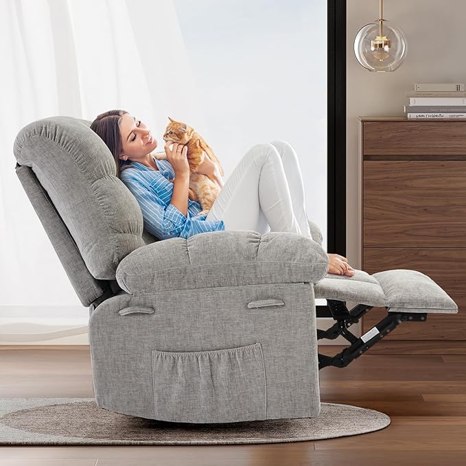 Rocking Recliner Chair,360° Swivel Rocker Chair for Living Room,Upholstered Fabric Glider Nursery Chair with Side Pockets for Small Spaces,Q235 Steel Frame Lazy Boy Recliner Single Sofa(Grey)