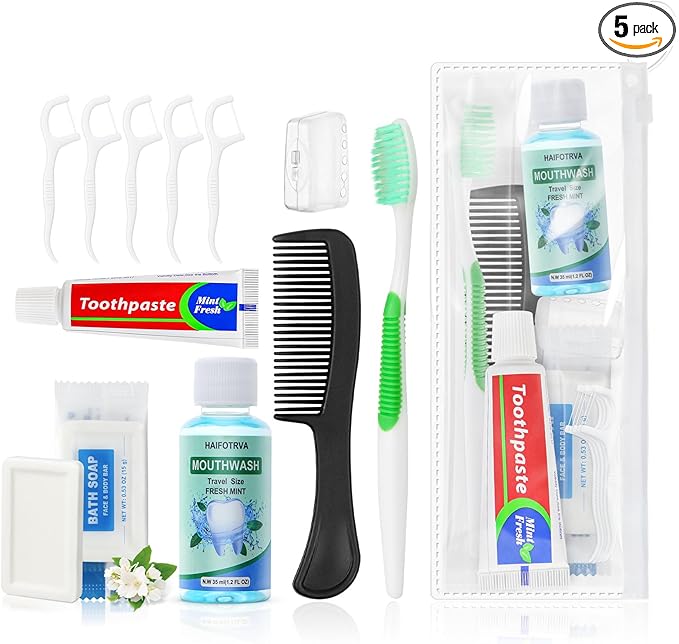 5 Set Personal Care Travel Toiletries Sets Bulk,8-IN-1 Disposable Toothbrushes with Toothpaste and Floss,Mouthwash,Comb,Soap,Cover,Zip Bag Toiletry Travel Toothbrush Kit for Homeless,Hotel,Charity
