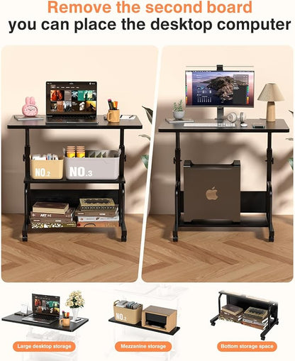 Portable Rolling Desk on Wheels Adjustable Height Desks for Small Spaces, 32" Computer Desk with Storage Shelves for Home Office Black