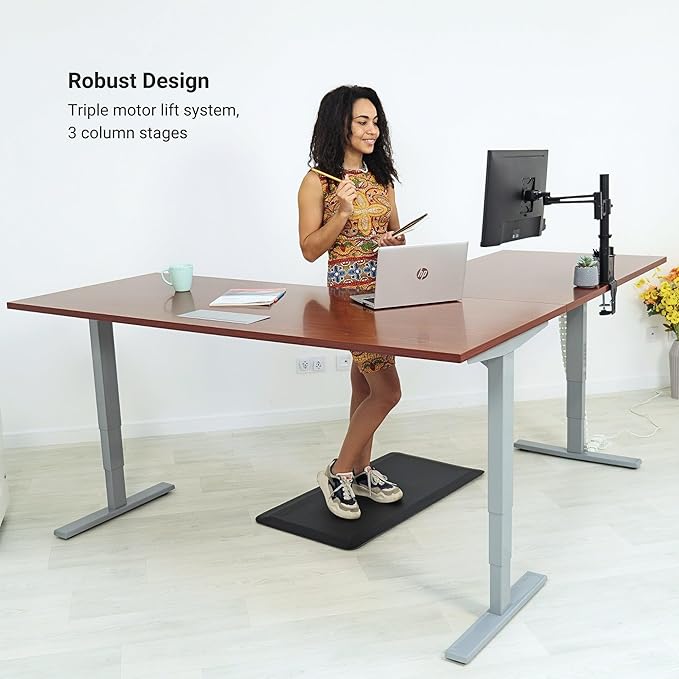 Progressive Desk Stand Up Height Adjustable Standing Desk - L Shaped 85" x 72" Corner Computer Rising Workstation Electric Table - Gray Frame, Ebony Oak Top