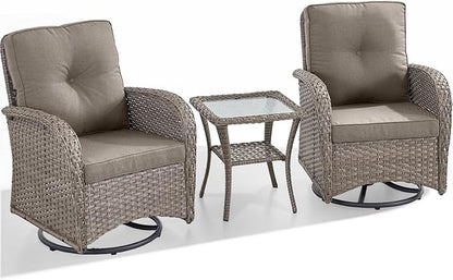 HUMMUH 3 Piece Outdoor Rocking Chairs Bistro Set-All Weather Wicker Outdoor Swivel Chairs Set of 2 with Side Table Small Patio Furniture Set for Deck Lawn Porch Balcony Poolside-Grey/Grey