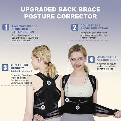 Posture Corrector for Women and Men Upgraded Back Brace, Adjustable Back Support for Upper and Lower Back Pain Relief, Shoulder Straightener for Hunchback, Scoliosis, Lumbar, Spine (Black, Small)