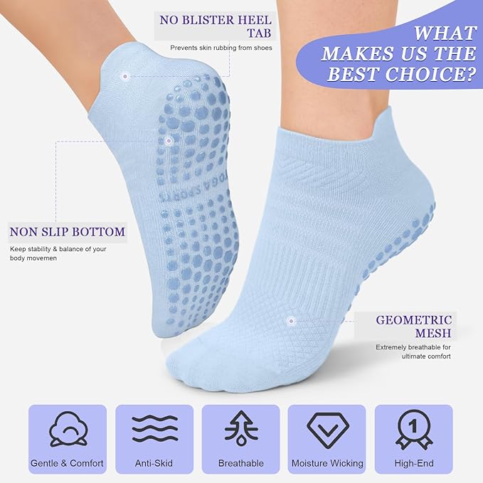 yeuG Pilates Socks for Women Non Slip Grip Socks for Yoga, Barre, Hospital, Barefoot Grippy Yoga Sock Womens Gifts 4 Pairs