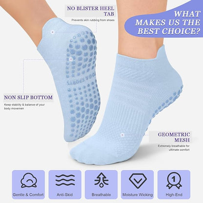 yeuG Pilates Socks for Women Non Slip Grip Socks for Yoga, Barre, Hospital, Barefoot Grippy Yoga Sock Womens Gifts 4 Pairs