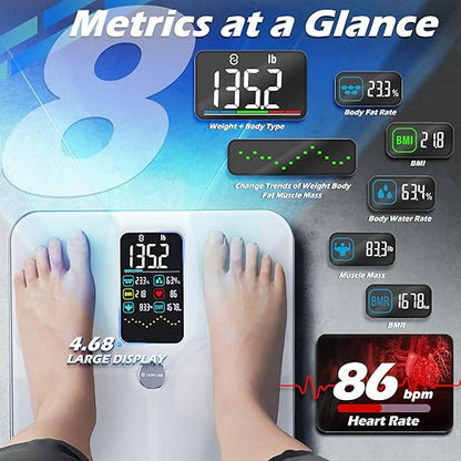 Lepulse Smart Scale for Body Weight with BMI Body Fat Muscle Mass, Weight Scale 4.68" Large Display with Trend, High Accurate 22 Body Composition Scale with Heart Rate, Bathroom Scale with App, White
