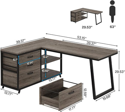 Tribesigns L-Shaped Desk with 3 Drawers, Reversible Corner Home Office Computer Desk with Shelves, 53-Inch Industrial PC Desk Study Writing Table Workstation for Small Space, Grey