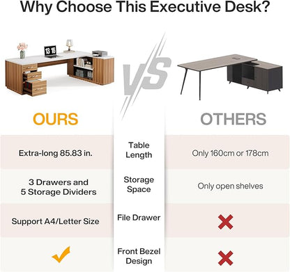 Tribesigns 85.8-Inch L-Shaped Executive Desk with File Drawers, Door Cabinet & Shelves, Extra Large Commercial Office Desk, Modern Professional Office Table, White & Brown Business Furniture