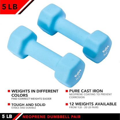 JFIT Dumbbell Pairs or Sets – Neoprene & Vinyl Coated Hand Weights for Home Gym, Strength Training, Aerobics, Cardio Exercise and Fitness