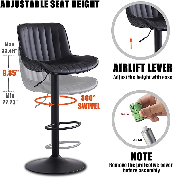 YOUNIKE Black Bar Stools Set of 2 Kitchen Counter Height Barstools with Back Modern Swivel Faux Leather Padded Bar Chair Adjustable Tall Upholstered Breakfast Island Chairs