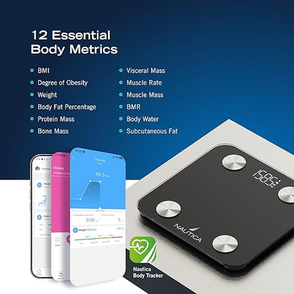 Nautica Body Tracker Digital Bathroom Scale, Bluetooth-Enabled Smart Scale with BMI, Body Fat, Muscle Mass Tracking & More, Syncs with Smartphone App for Body Composition Tracking, 396 Lbs.