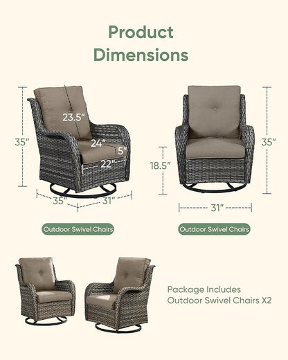 HUMMUH Outdoor Swivel Rocker Wicker Patio Chairs Set of 2, Rattan Rocking Chair Furniture Set (Grey,Grey)