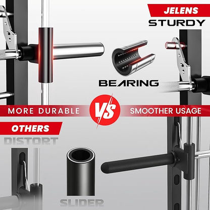 JELENS SR01 Smith Machine, 2000LBS Multi-Function Power Cage with LAT Pulldown System, All-in-One Home Gym Squat Rack with Smith Bar and Training Attachments for Full Body Workouts