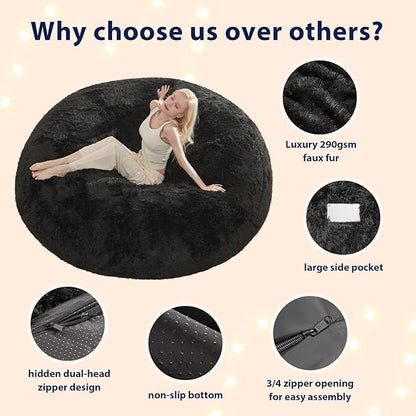 Bean Bag Cover(No Filler), Fluffy Beanbag Chairs Cover Only, Stuffed Animal Storage Bean Bag, Washable Lazy Sofa Beanbag Cover without Filler, 6FT, Black
