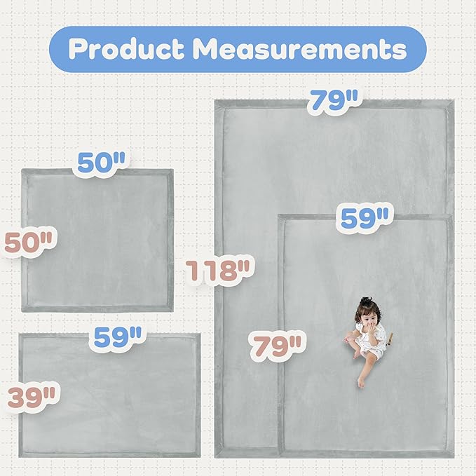 1.5" Thick Padded Baby Play Mat for Floor Tummy Time, Pro Soft Foam Activity Playroom Playmats, Easy Care with Non-Slip Safe for Infant Toddler Kids Crawling 39"x 59" (Light Grey)