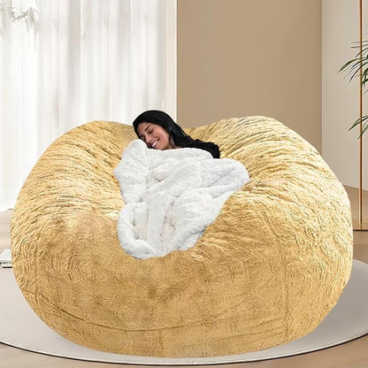 BCU 6FT Bean Bag Chair for Adults and Kids Without Filler Giant Stuffed Animal Storage Cover Soft Faux Fur Floor Chair Cover for Bedroom Living Room, Lemon Yellow