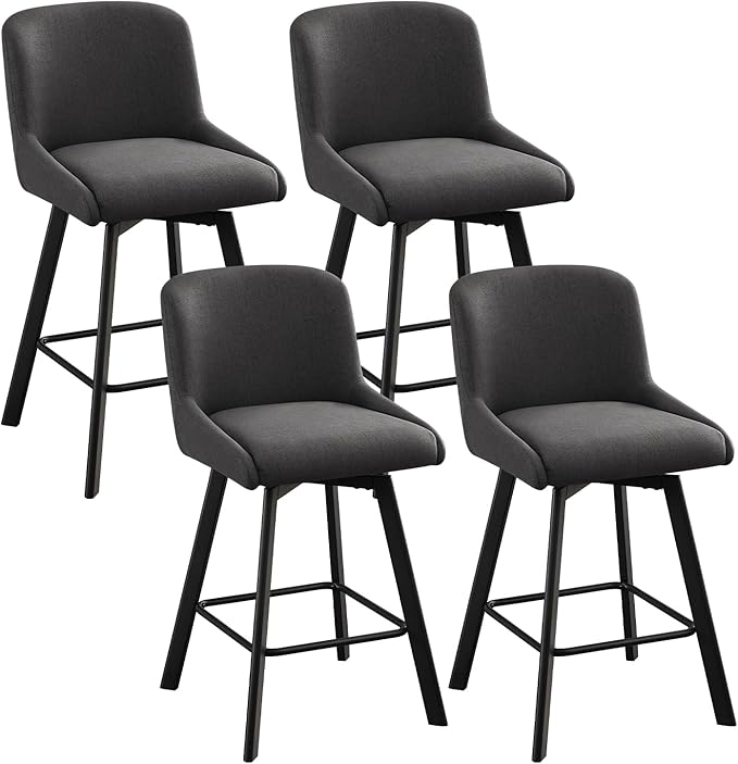 Swivel Counter Height Bar Stools Set of 4, 26''H Upholstered Barstools with Backs, Modern Bar Stool Chairs for Kitchen Island, Metal Legs, Fabric, Black Grey Stools Counter Chair