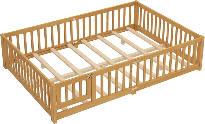 Queen Size Floor Bed Frame with Slats and Safety Guardrail, Wood Queen Size Montessori Floor Bed with Door and Fence, Easy Assemble Montessori Beds for Kids, Girls, Boys, Natural