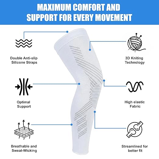 NuCamper Full Leg Compression Sleeves for Men and Women,2 Pack Legs Sleeves Long Knee Brace Support for Running, Basketball, Cycling, Workout, Sports - White,L