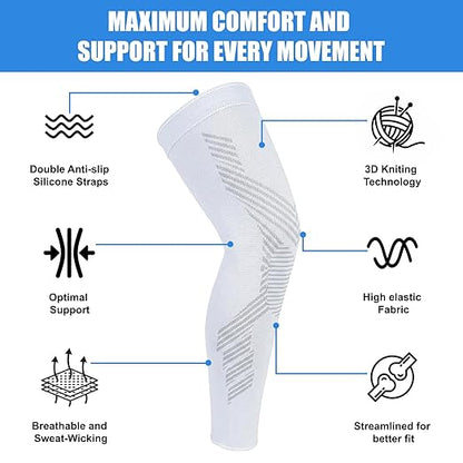 NuCamper Full Leg Compression Sleeves for Men and Women,2 Pack Legs Sleeves Long Knee Brace Support for Running, Basketball, Cycling, Workout, Sports - White,L