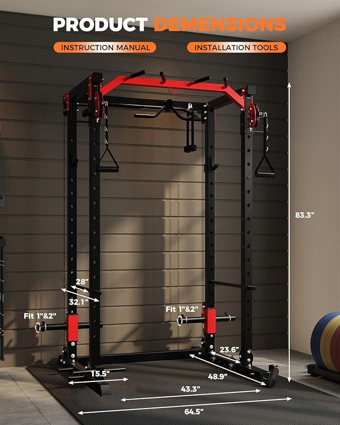Power Cage, Power Rack with Cable Crossover System, 2000LBS Squat Rack with LAT Pull Down System, Workout Cage with Pulley System for Fitness Home Gym Strength Training (Red&Black)