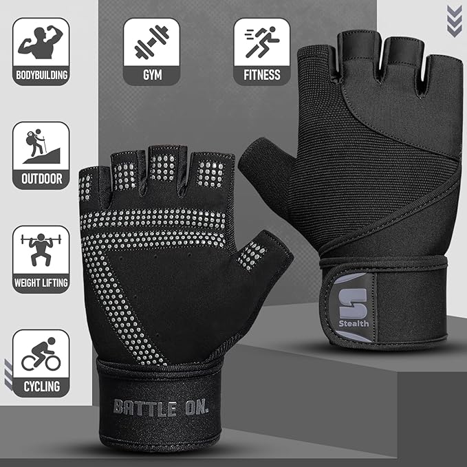Stealth Sports Weight Lifting Gloves with Wrist Wrap Support Padded Palm Protection Exercise Gym Workout Gloves Men & Women Training Fitness Weightlifting Bodybuilding,E9
