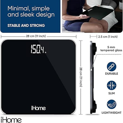 iHome Digital Scale, Bathroom Scale, Batteries Included, Scale Body Weight, Weight Scale, Bathroom Scales for Weight, Digital Scales for Body Weight (Black)