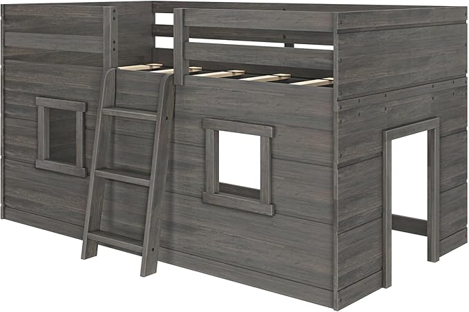 Max & Lily Modern Farmhouse Twin Low Loft Bed with Two Windows - Solid Wood, 15” Guardrails, 400-lb Capacity, Low-VOC Finish, Driftwood