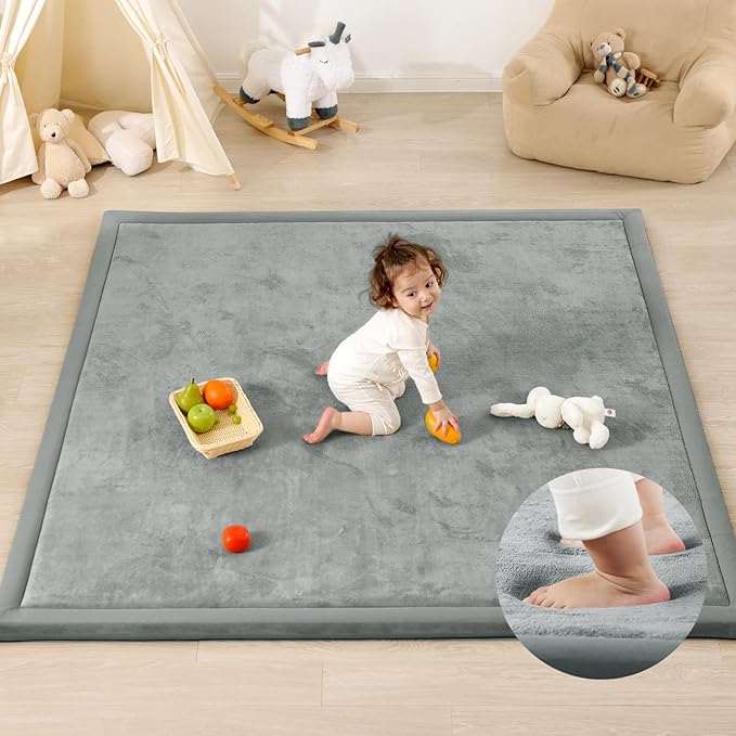 1.3" Thick Baby Play Mat for Floor Playpen, 50x50 Foam Tummy Time Mat, Padded Support Soft Plush Nursery Rug for Infant Kids Toddler Crawling Kick Activity (Light Grey)