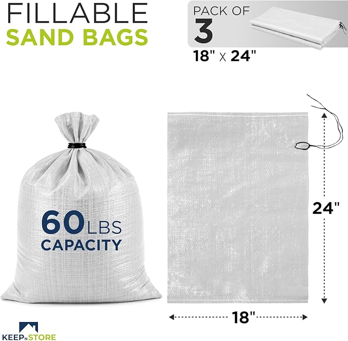 Heavy Duty Sand Bags Pack of 3, White Empty Sandbags with Built-In Ties, Woven Polypropylene UV Protection 1600 Hours, Fillable Bags for Flood Control, Weight, 18x24 inches, 60 Pounds Volume